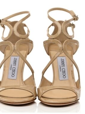 Jimmy Choo Nude Patent Leather Strappy Sandals Size 6.5 Made In Italy